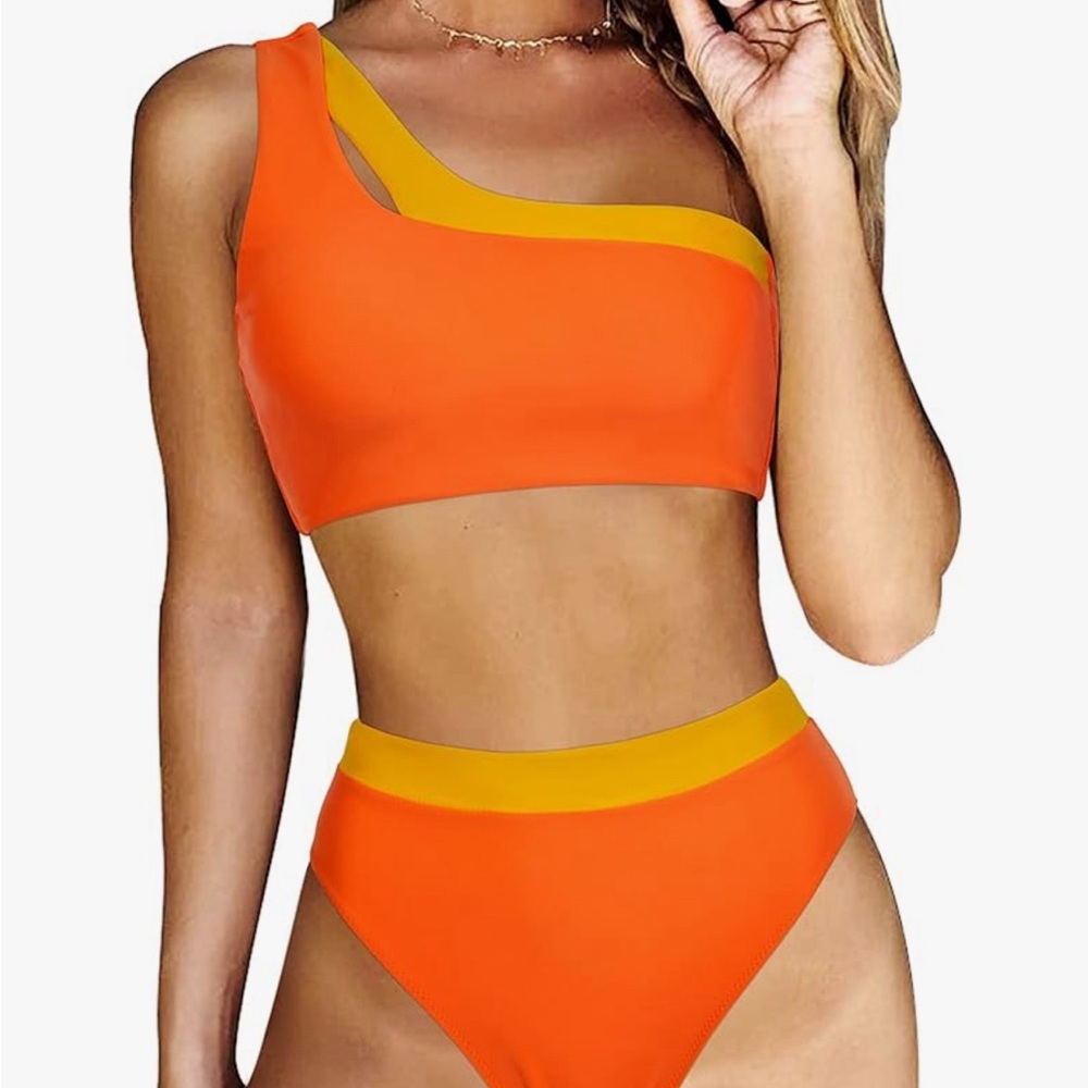 NEW/NEVER WORN- Bright orange one shoulder bikini.